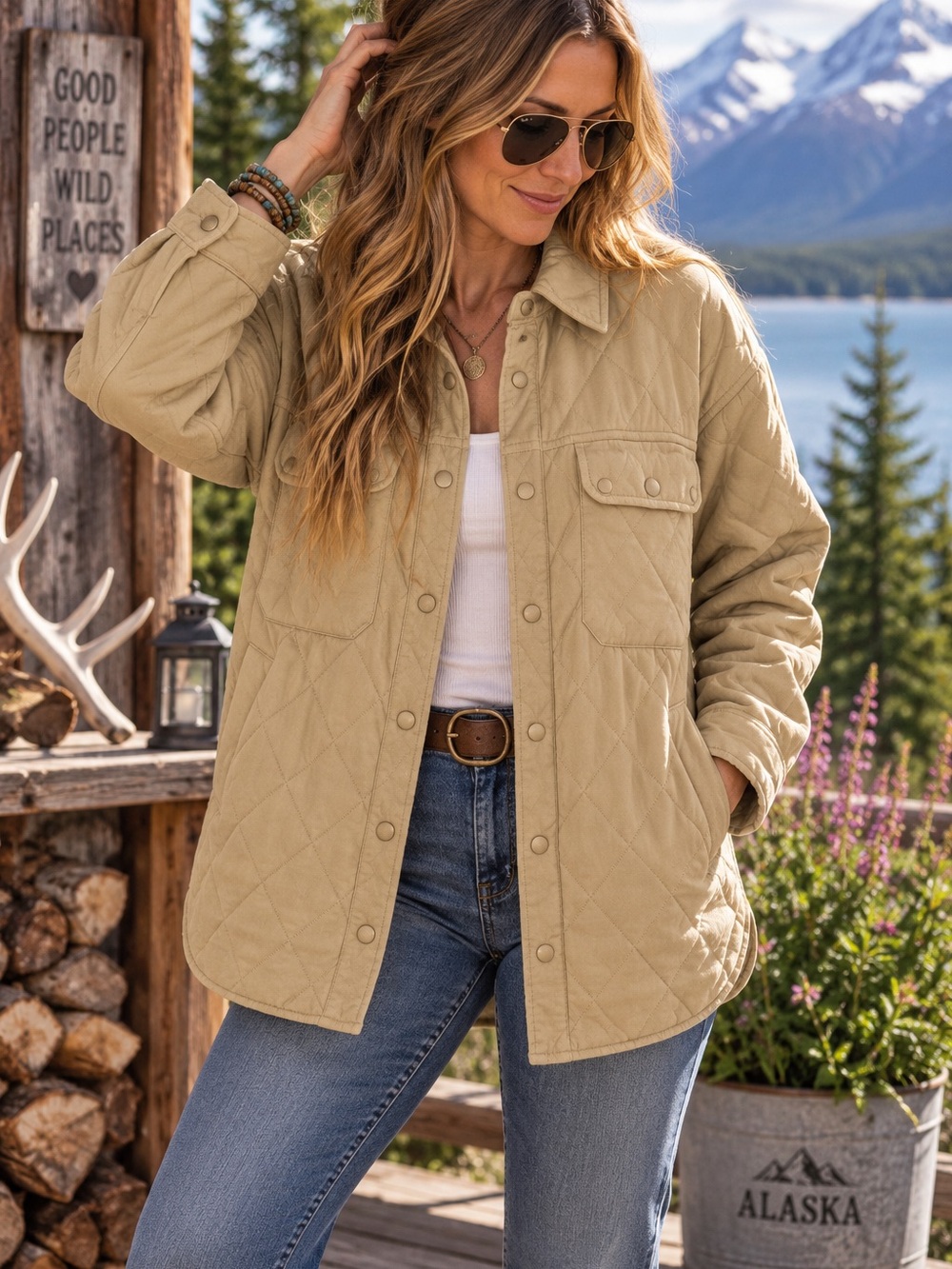 Blu Pepper Quilted Jacket in Taupe-Size Large-